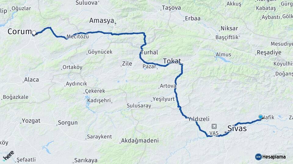 Sivas Hafik Çorum Arası Kaç Km - Yol Haritası