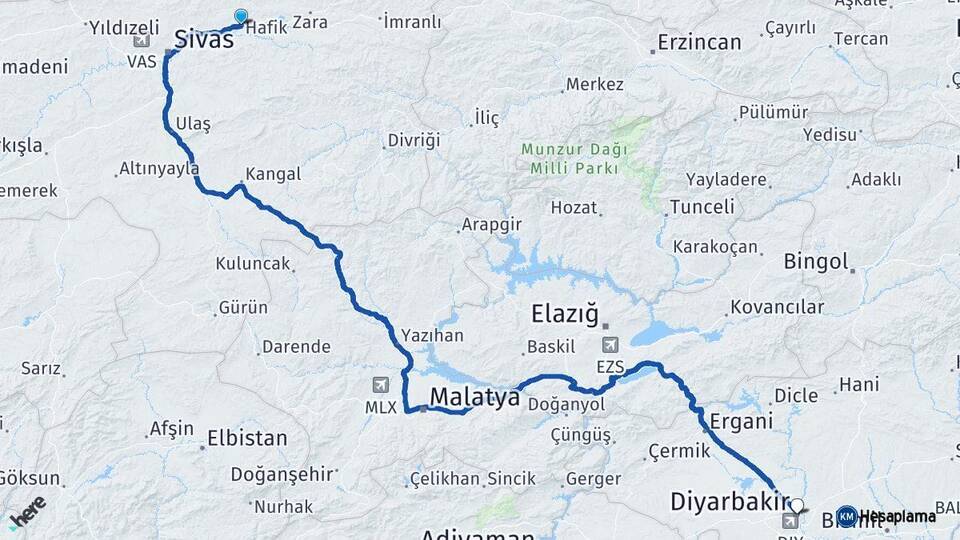 Sivas Hafik Diyarbakır Arası Kaç Km - Yol Haritası
