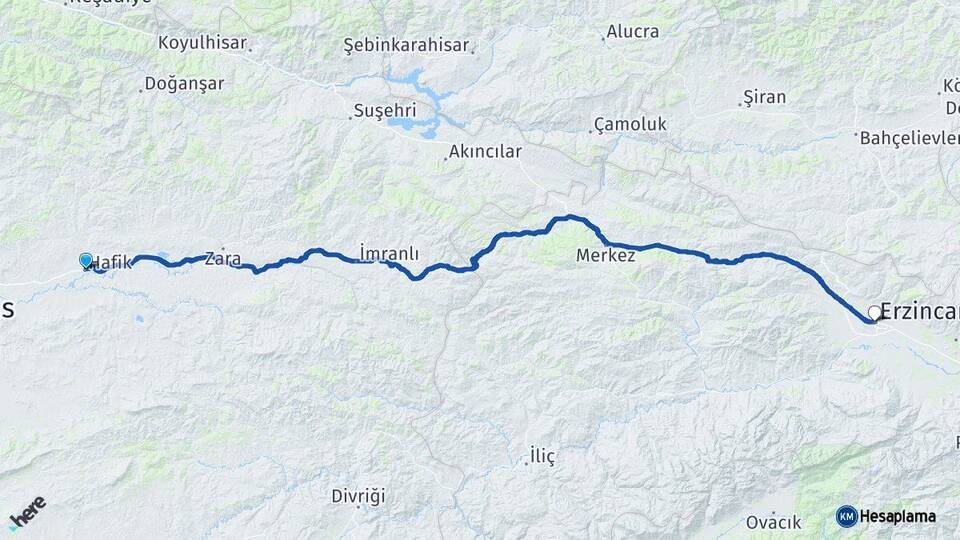 Sivas Hafik Erzincan Arası Kaç Km - Yol Haritası