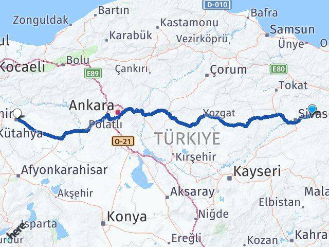 Sivas Hafik Eskişehir Arası Kaç Km - Yol Haritası
