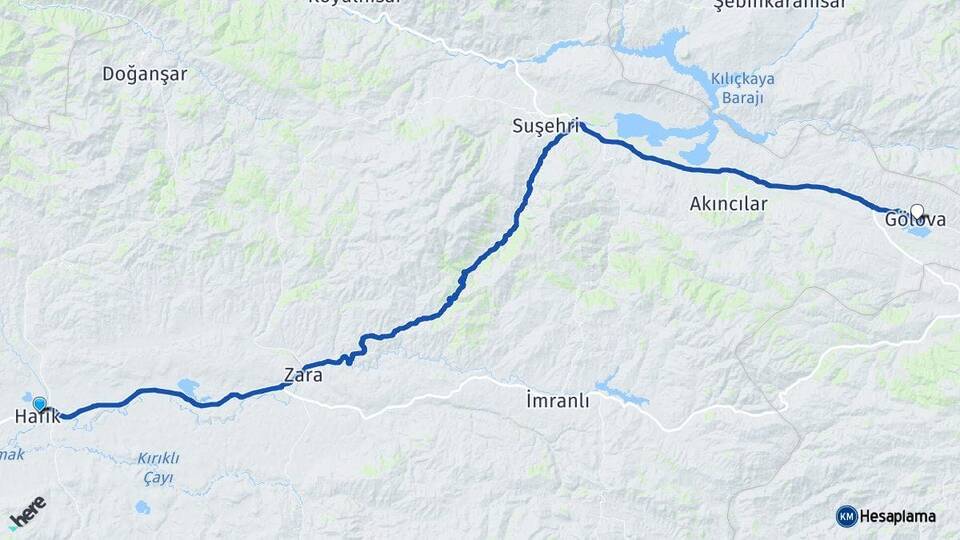 Sivas Hafik Gölova Arası Kaç Km - Yol Haritası