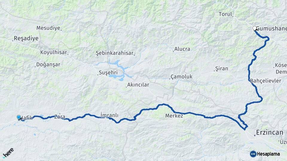 Sivas Hafik Gümüşhane Arası Kaç Km - Yol Haritası