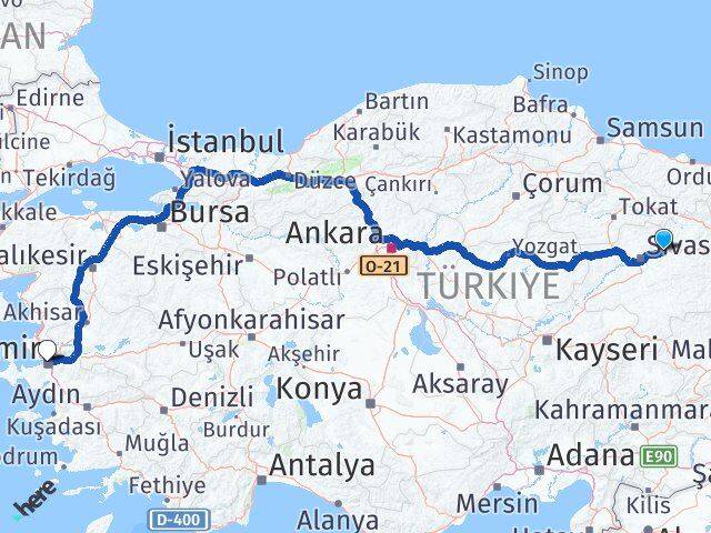 Sivas Hafik İzmir Arası Kaç Km - Yol Haritası