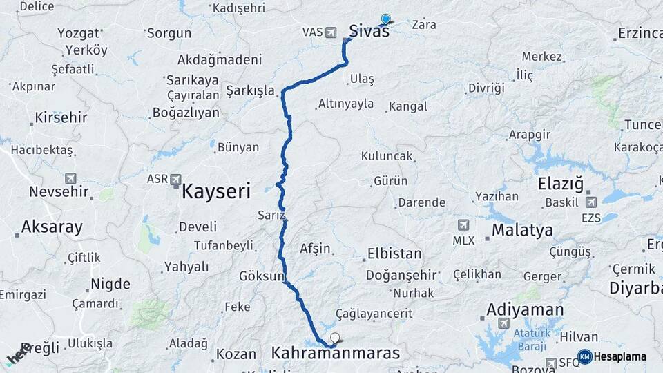 Sivas Hafik Kahramanmaraş Arası Kaç Km - Yol Haritası