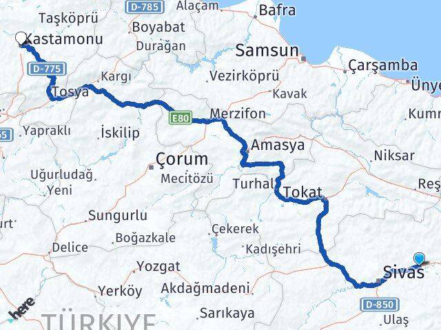 Sivas Hafik Kastamonu Arası Kaç Km - Yol Haritası
