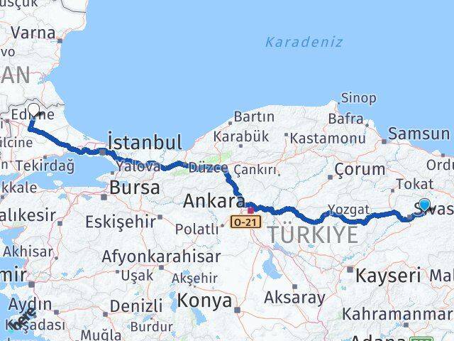 Sivas Hafik Kırklareli Arası Kaç Km - Yol Haritası