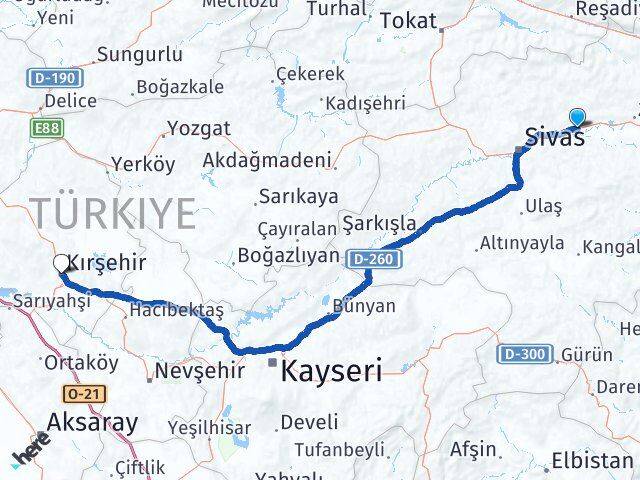 Sivas Hafik Kırşehir Arası Kaç Km - Yol Haritası