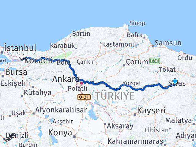 Sivas Hafik Kocaeli Arası Kaç Km - Yol Haritası