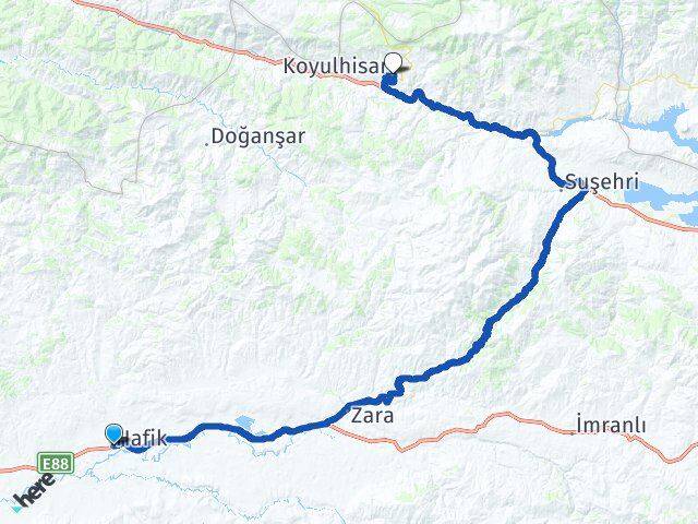 Sivas Hafik Koyulhisar Arası Kaç Km - Yol Haritası