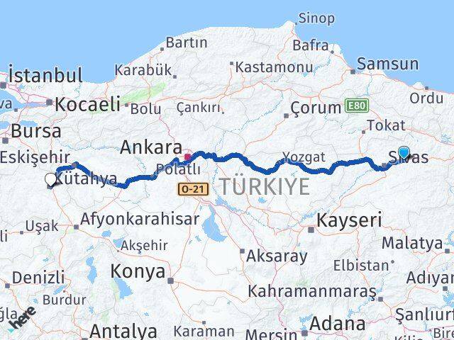Sivas Hafik Kütahya Arası Kaç Km - Yol Haritası