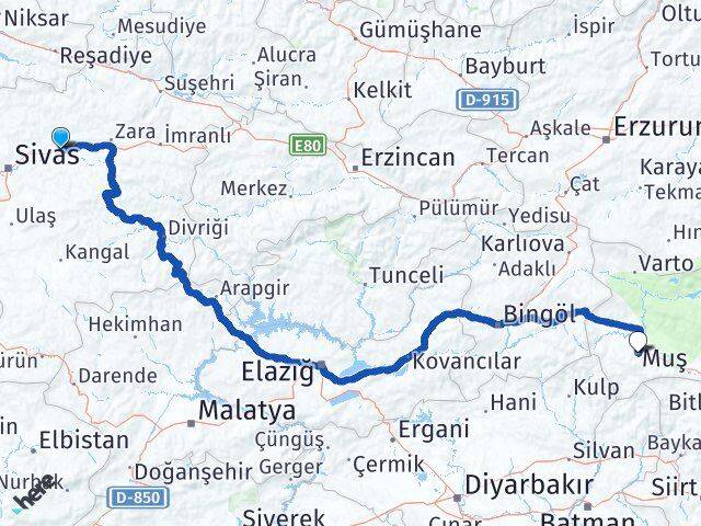 Sivas Hafik Muş Arası Kaç Km - Yol Haritası