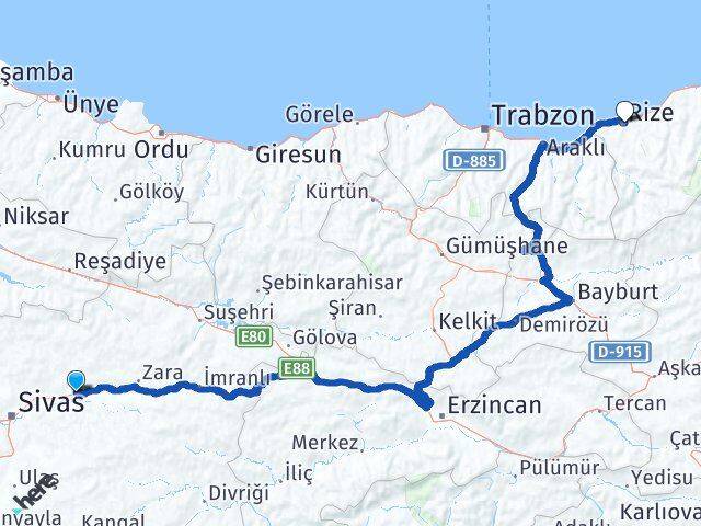 Sivas Hafik Rize Arası Kaç Km - Yol Haritası