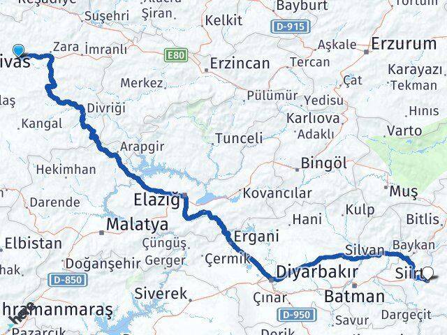 Sivas Hafik Siirt Arası Kaç Km - Yol Haritası