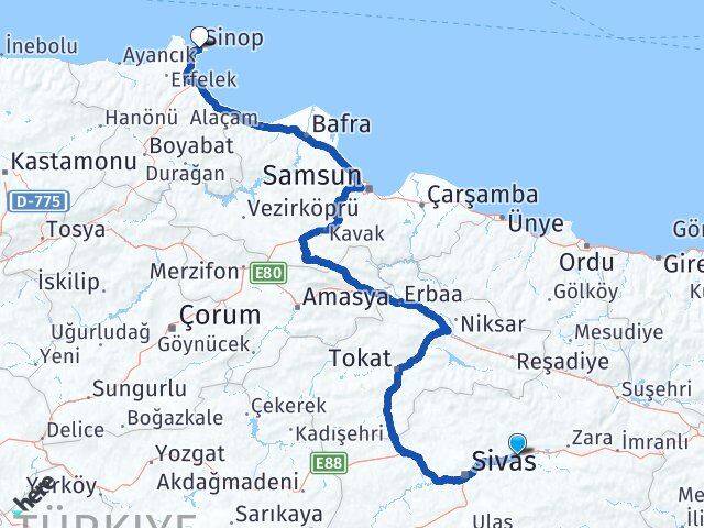 Sivas Hafik Sinop Arası Kaç Km - Yol Haritası