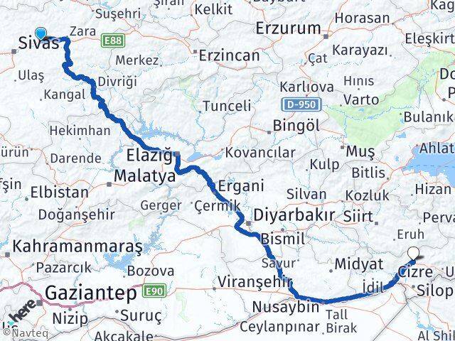 Sivas Hafik Şırnak Arası Kaç Km - Yol Haritası