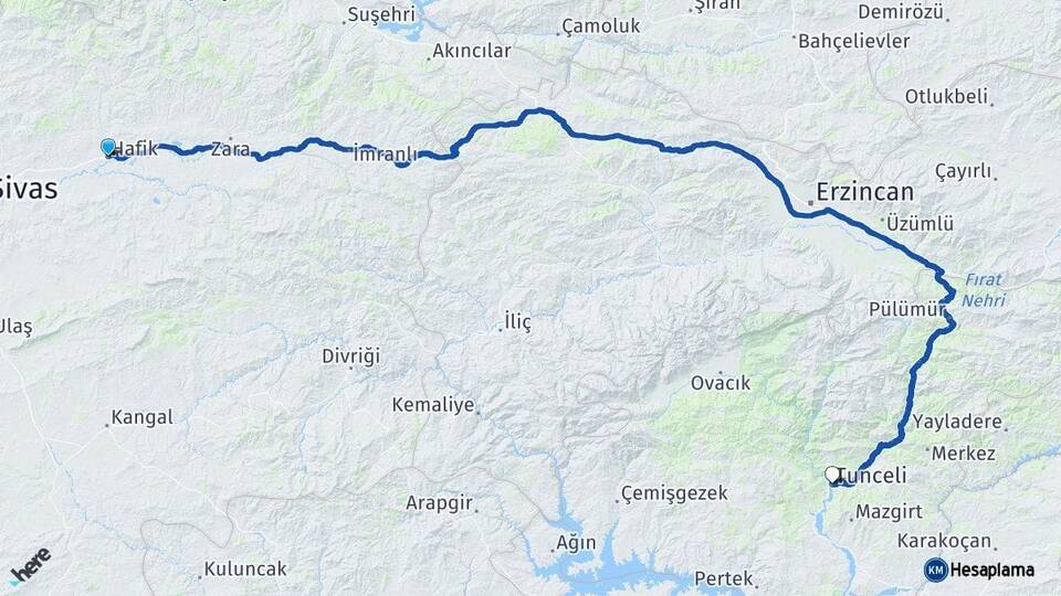Sivas Hafik Tunceli Arası Kaç Km - Yol Haritası