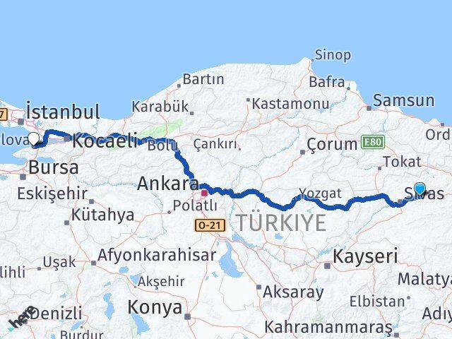 Sivas Hafik Yalova Arası Kaç Km - Yol Haritası