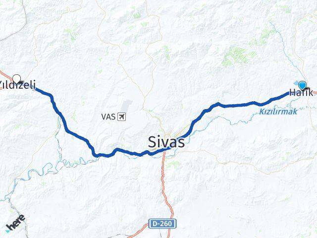 Sivas Hafik Yıldızeli Arası Kaç Km - Yol Haritası