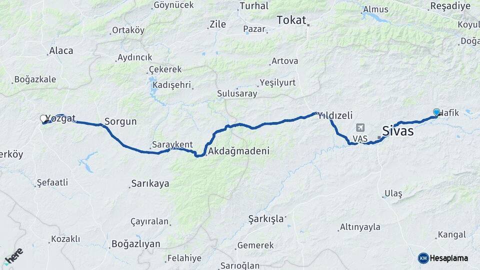 Sivas Hafik Yozgat Arası Kaç Km - Yol Haritası