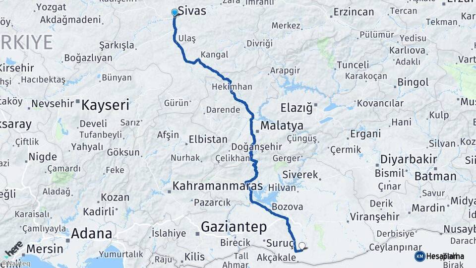 Sivas Harran Şanlıurfa Arası Kaç Km - Yol Haritası