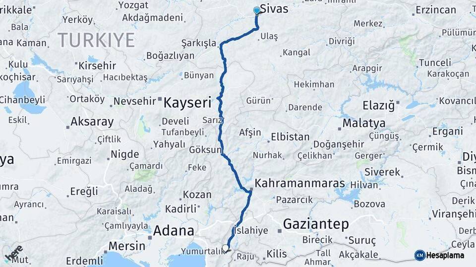 Sivas Hassa Hatay Arası Kaç Km - Yol Haritası