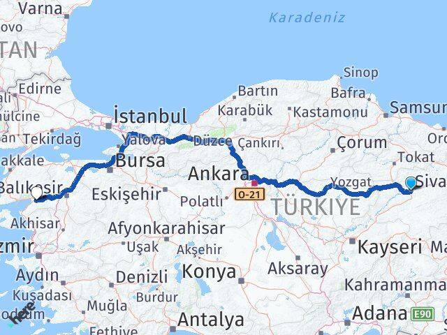 Sivas Havran Balıkesir Arası Kaç Km - Yol Haritası