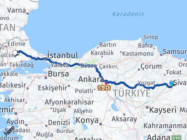 Sivas Hayrabolu Tekirdağ Arası Kaç Km - Yol Haritası
