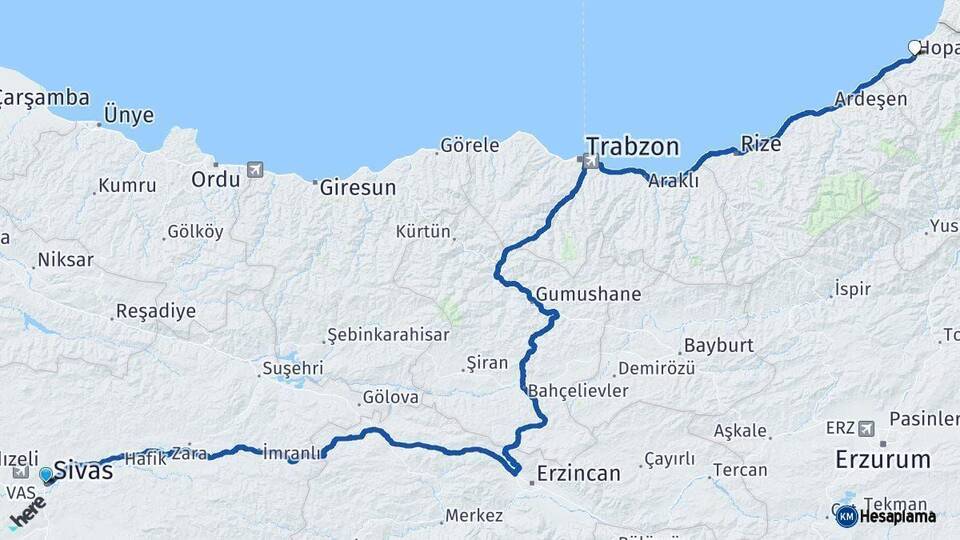 Sivas Hopa Artvin Arası Kaç Km - Yol Haritası