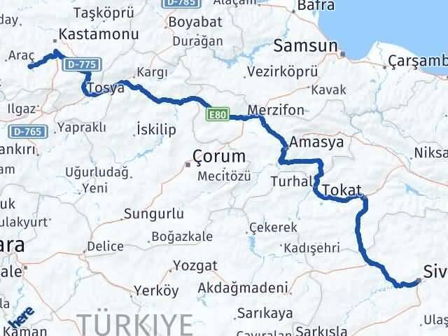 Sivas İhsangazi Kastamonu Arası Kaç Km - Yol Haritası