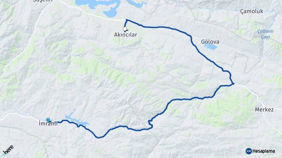 Sivas İmranlı Akıncılar Arası Kaç Km - Yol Haritası