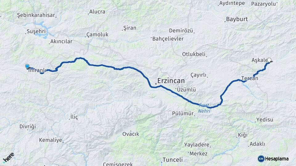 Sivas İmranlı Aşkale Erzurum Arası Kaç Km - Yol Haritası