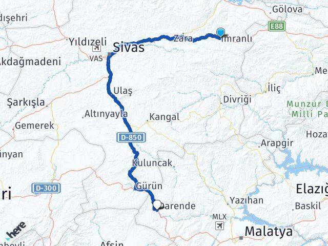 Sivas İmranlı Darende Malatya Arası Kaç Km - Yol Haritası