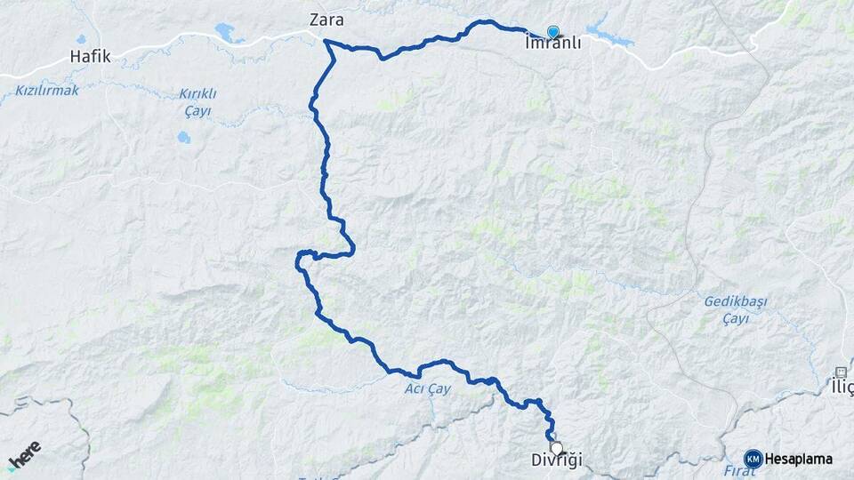 Sivas İmranlı Divriği Arası Kaç Km - Yol Haritası