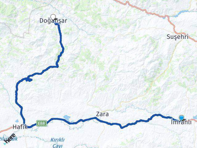 Sivas İmranlı Doğanşar Arası Kaç Km - Yol Haritası