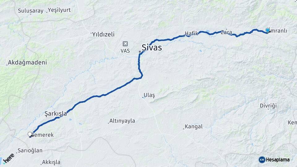 Sivas İmranlı Gemerek Arası Kaç Km - Yol Haritası