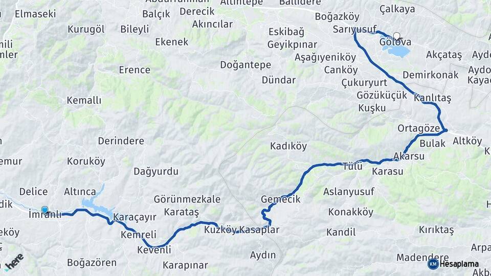 Sivas İmranlı Gölova Arası Kaç Km - Yol Haritası