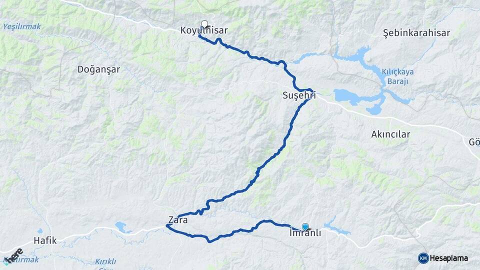 Sivas İmranlı Koyulhisar Arası Kaç Km - Yol Haritası