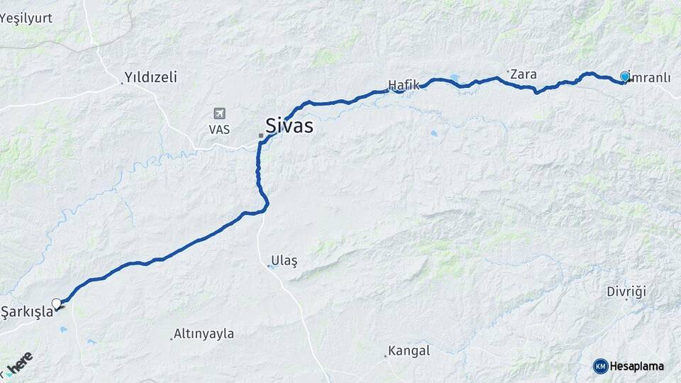 Sivas İmranlı Şarkışla Arası Kaç Km - Yol Haritası