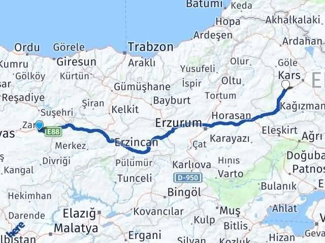 Sivas İmranlı Selim Kars Arası Kaç Km - Yol Haritası