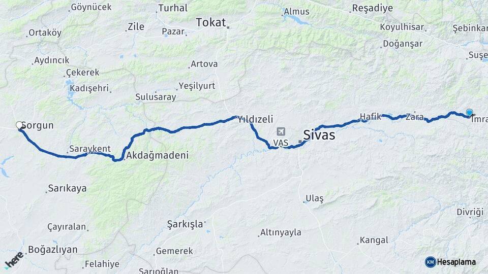 Sivas İmranlı Sorgun Yozgat Arası Kaç Km - Yol Haritası