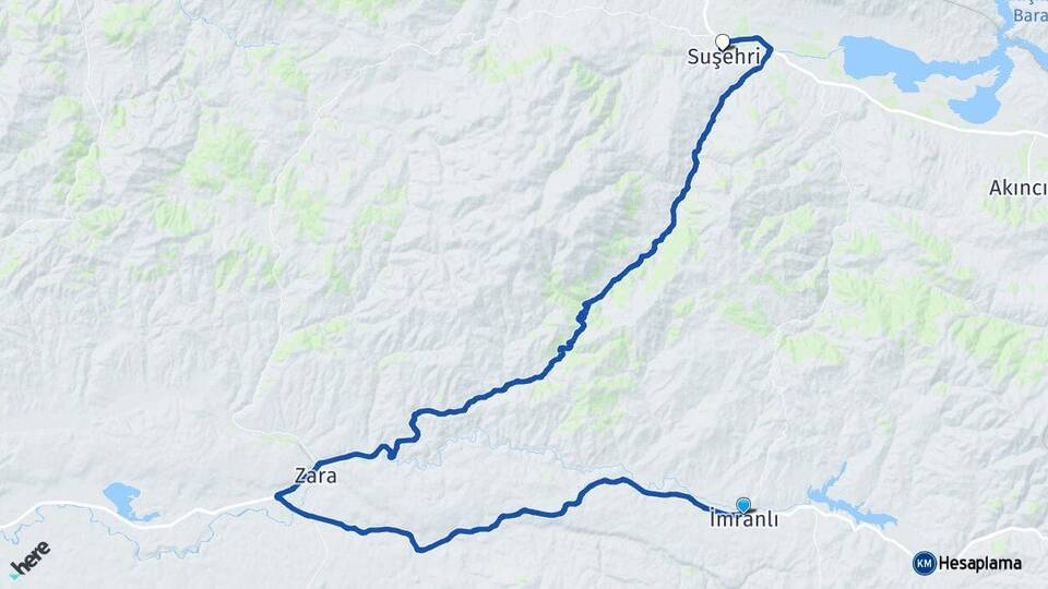 Sivas İmranlı Suşehri Arası Kaç Km - Yol Haritası