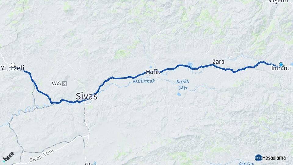 Sivas İmranlı Yıldızeli Arası Kaç Km - Yol Haritası