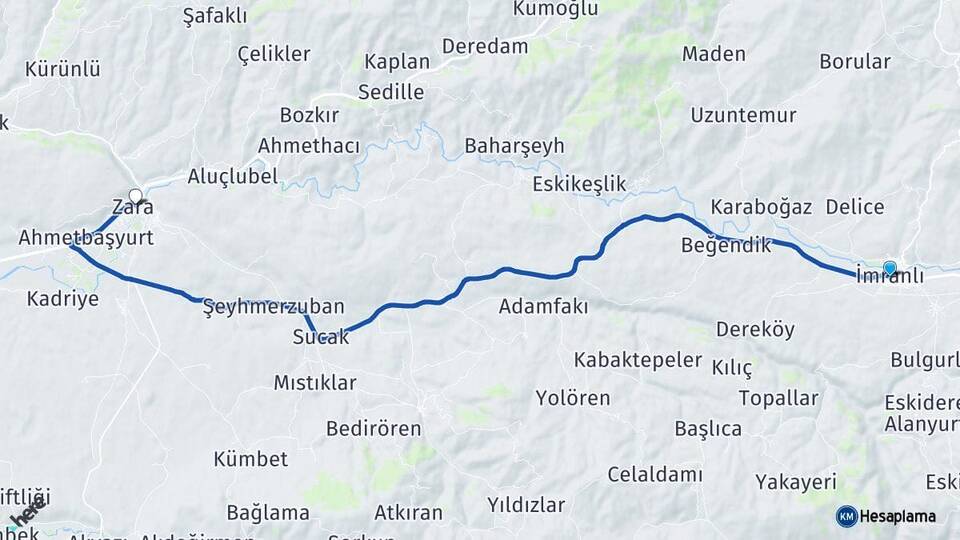 Sivas İmranlı Zara Arası Kaç Km - Yol Haritası