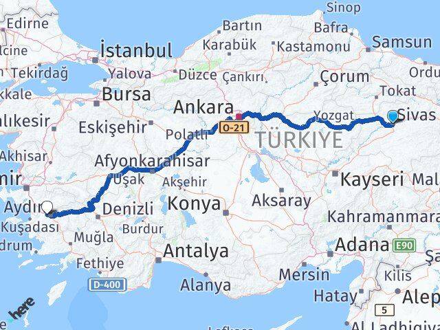 Sivas İncirliova Aydın Arası Kaç Km - Yol Haritası