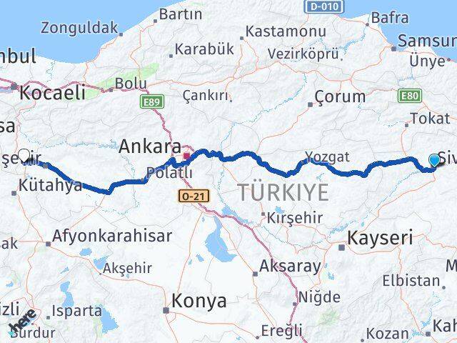 Sivas İnönü Eskişehir Arası Kaç Km - Yol Haritası