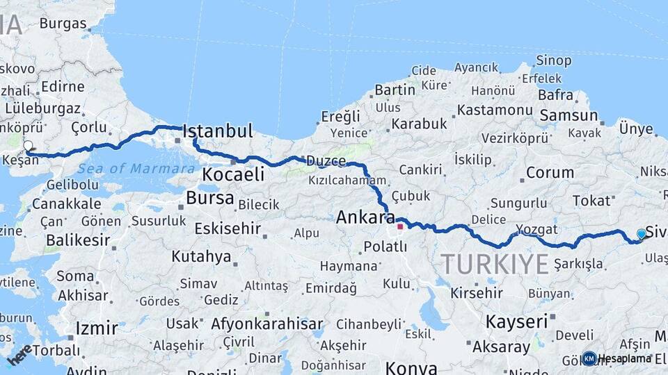 Sivas İpsala Edirne Arası Kaç Km - Yol Haritası