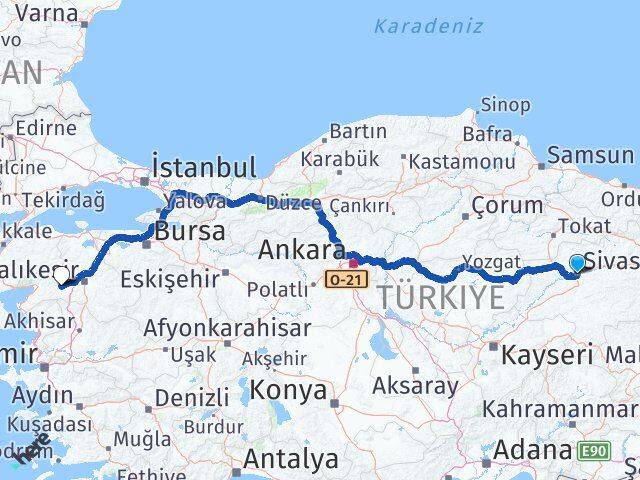 Sivas İvrindi Balıkesir Arası Kaç Km - Yol Haritası