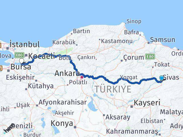 Sivas İznik Bursa Arası Kaç Km - Yol Haritası