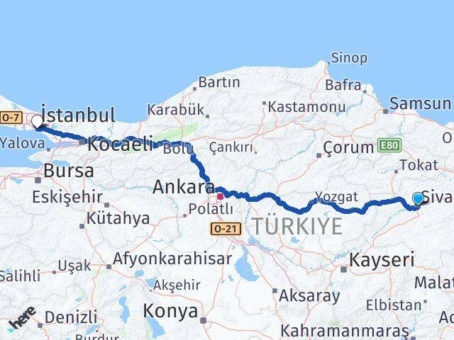 Sivas Kadıköy İstanbul Arası Kaç Km - Yol Haritası