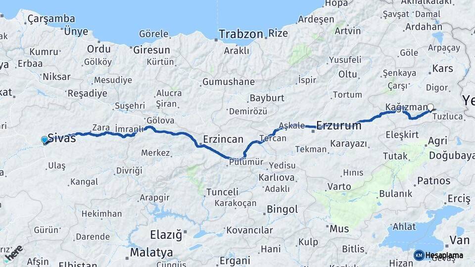 Sivas Kağızman Kars Arası Kaç Km - Yol Haritası
